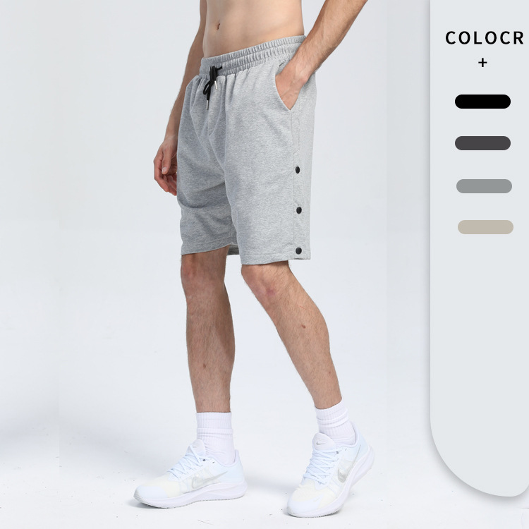 High Quality Knee Length Mens Shorts with Pockets Buttons Side Split Gym Sportswear Breathable Sweat Cotton Shorts