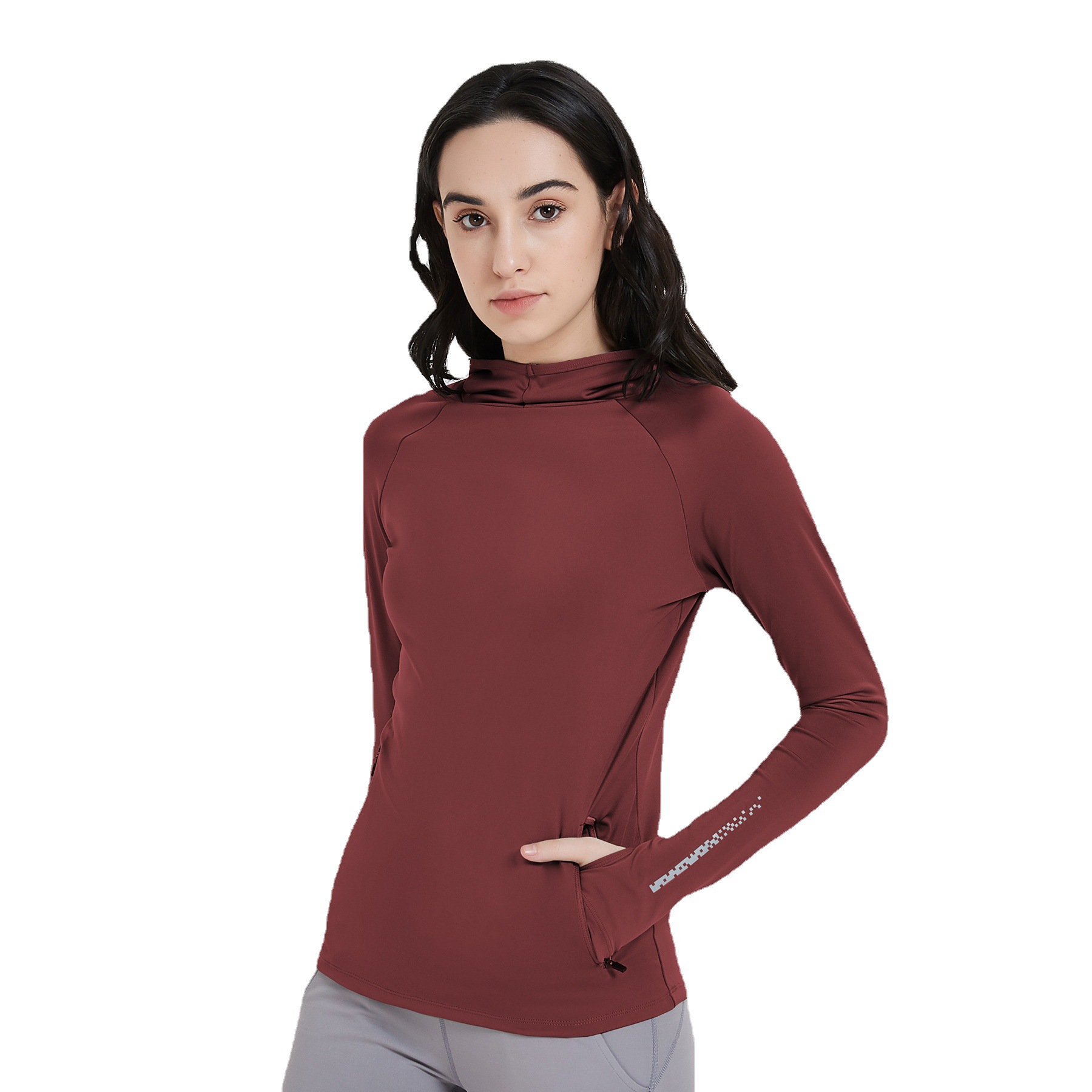 Outdoor Windproof Hooded Long Sleeve T Shirts With Reflector High Neck Yoga Fitness Tops Women